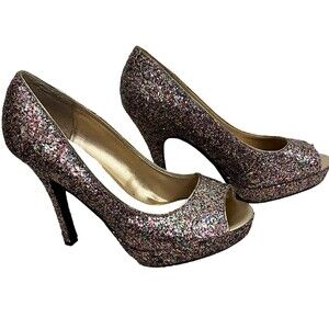 Candies Womens Size 7 1/2 M Cayunnis Multi-Color  Glitter Peep Toe Stilettos